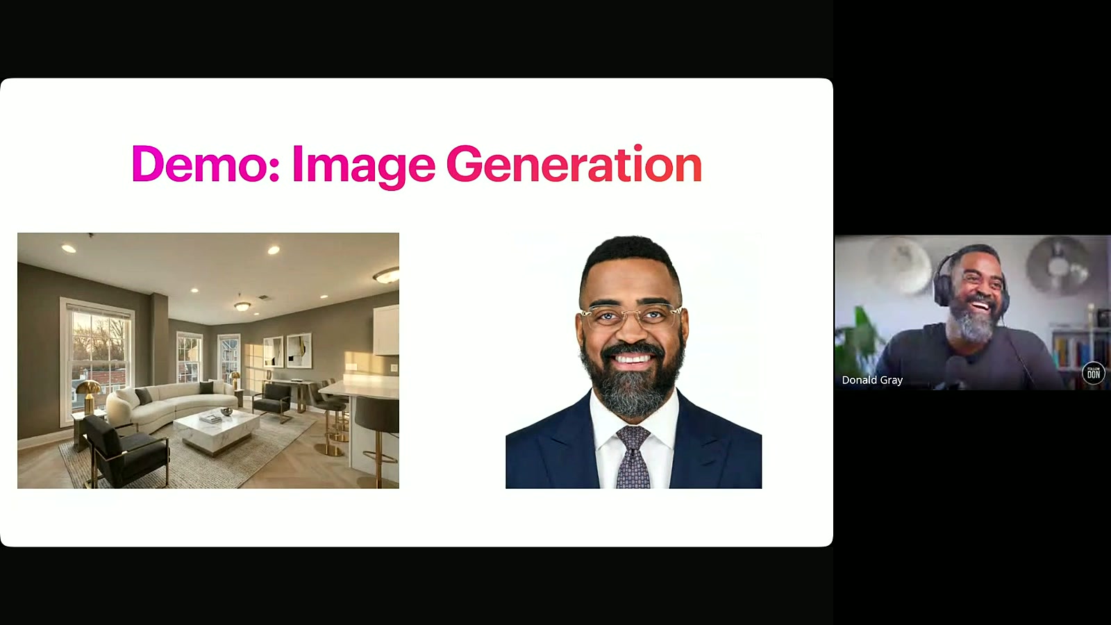 A virtual AI demo slide with Donald Gray visible in the video call sidebar.